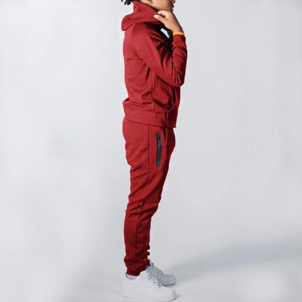 Joggerset med dragkedja för män för män Långärmad Hooded Plain Sweatsuit Röd 3XL