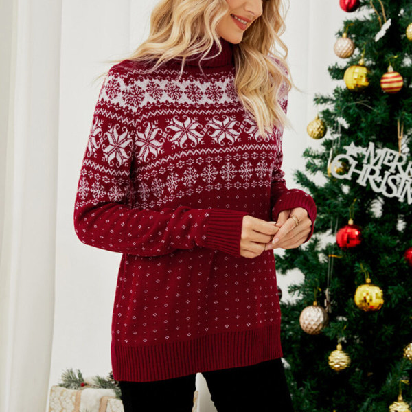 Dam Xmas High Neck Pullover Snowflake Print Stickade tröjor Red M