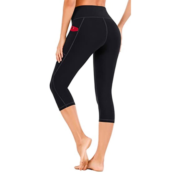 Capri Yoga byxor för kvinnor med hög midja, cropped byxor Pocket Fitness black,3XL