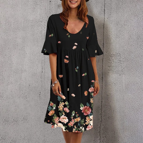 Lady Summer Midi Dress Casual Flowy floral Printing A-linjainen mekko Black 5XL