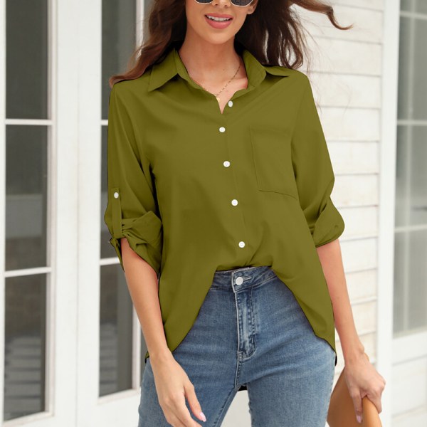 Kvinnor Enfärgad blus Lapel Neck Tunika Skjorta Army Green S