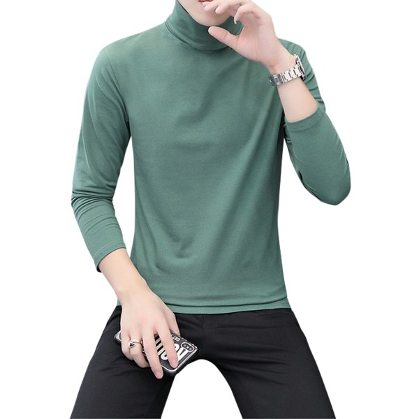 Herr långärmad högkrage Toppar T-shirt Pullover Lös Tee Dark Green XXL