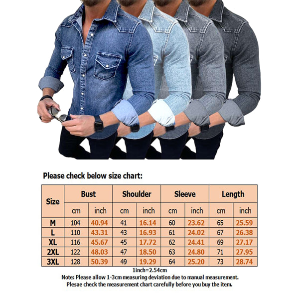 Mænd Denim Shirt Langærmede Button-Up lommer Reverskrave Dark Blue XL