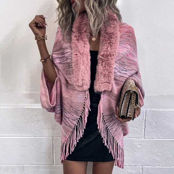 Kvinder Asymmetrisk Hem Frynsede Strik Capes V-hals Cardigan Sweater Pink One Size