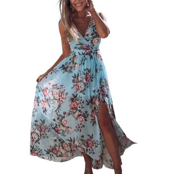 Damer Beach Blommig printed Boho Chiffong ärmlös klänning Ljusblå XXL