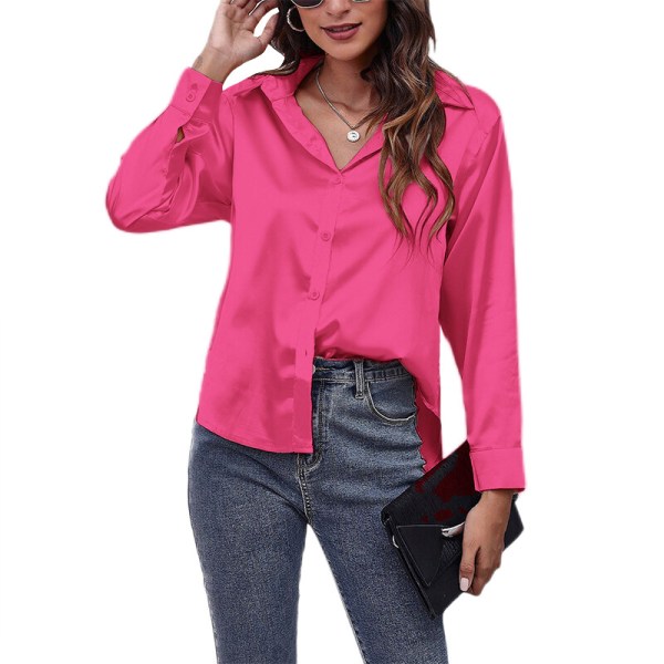 Böjd blus för dam Tunikaskjorta Satin långärmade T-shirts Rose Red S