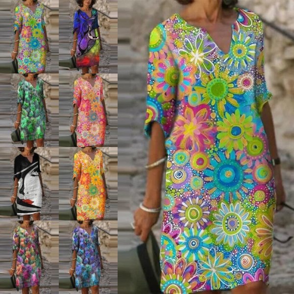 Klänningar med abstrakt print för damer Shift Knälång Klänning Green Flower 3XL