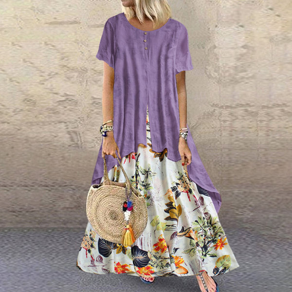 Kvinders bomuldslinned trykt kortærmede falske todelte kjoler Purple XL