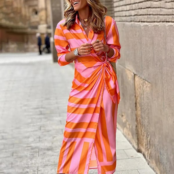 Kvinder geometrisk lang kjole blomsterprint sommer strand solkjole 8 Orange 4xl