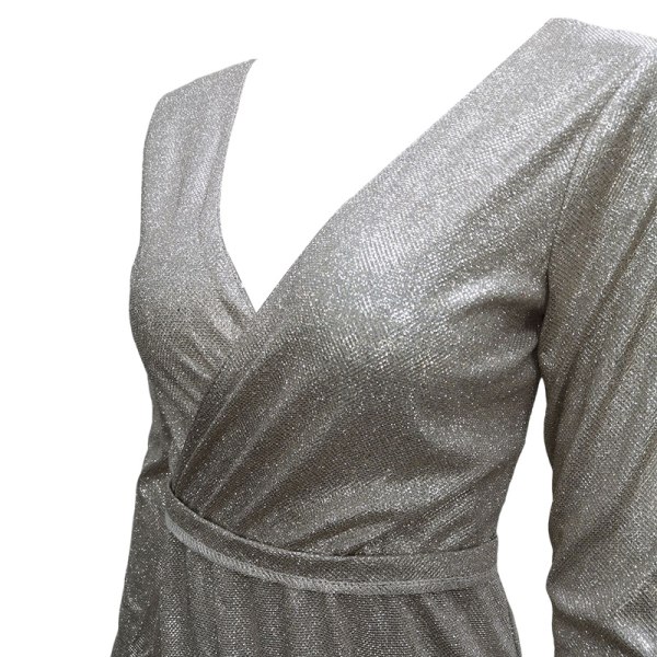Naisten juhlamekko, syvä V-kaula-aukkoinen Maxi-mekot, pitkähihainen seksikäs Silver XL