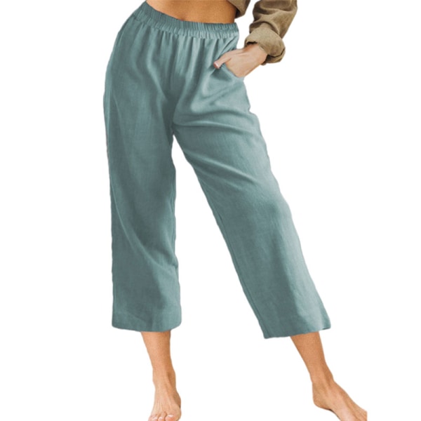 Naisten puuvillaiset Capri-housut, korkeavyötäröiset casual lyhennetyt housut Lake Blue,M