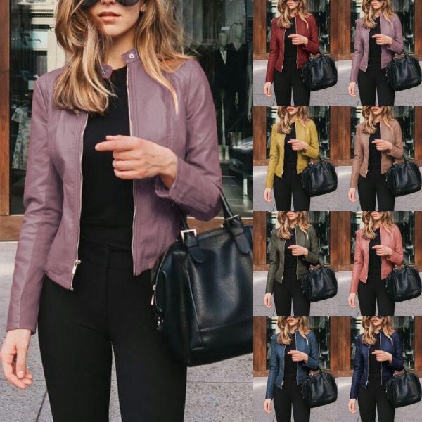 Kvinnor långärmade ytterkläder enfärgad skinnjacka 12# Light Purple S