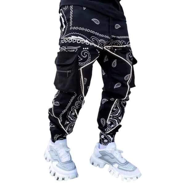 Mænd Multi-Pocket Drawstring Overalls Casual Hip-Hop Bukser Black,4XL