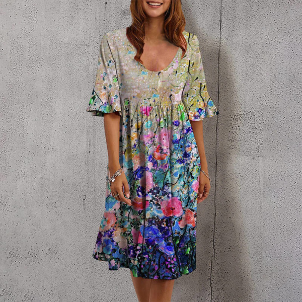 Lady Summer Midi Dress Casual Flowy Blomstertryk A-line kjole Khaki 4XL