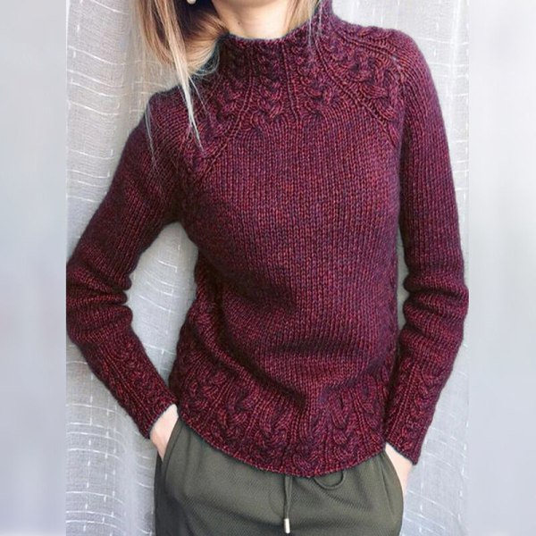 Kvinder langærmet højhalset striktrøjer ensfarvet sweater Claret 2XL