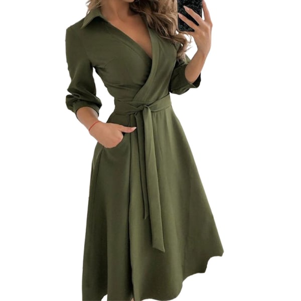 Dam sommar Midi formell klänning Sundress Skjorta Fickor Spets Army Green XL