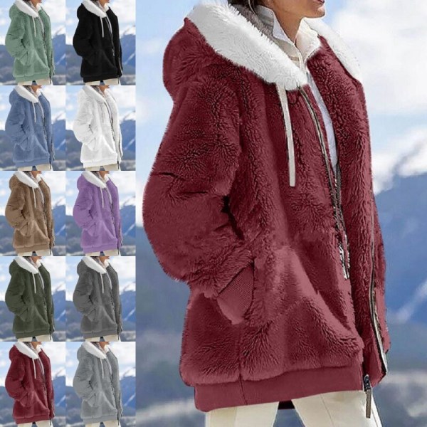 Naisten yksivärinen neuletakki vetoketjullinen Sherpa-takki Khaki 2XL
