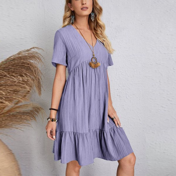 Dame V-hals Kort Kjole Løs Casual Plisseret Stor Hem Street Lavender Purple L