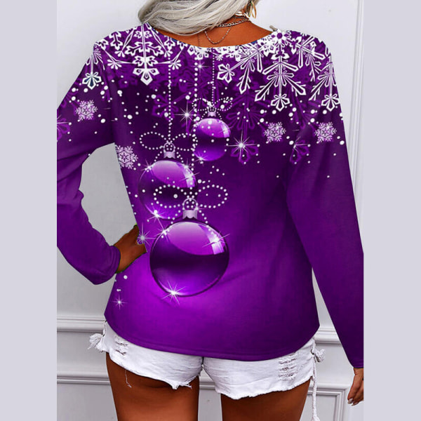 Kvinder langærmet V-hals lynlås Baggy Tee Christmas Print T-shirt Purple XL