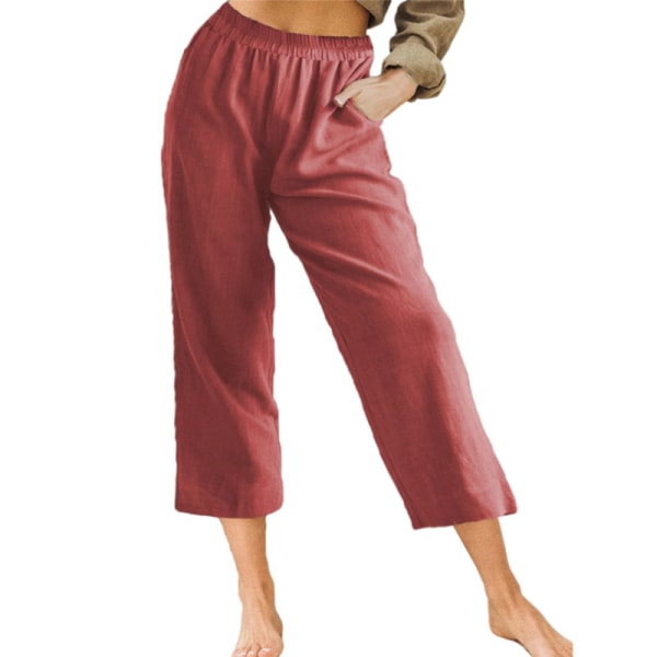 Kvinnor Capri-byxor i bomull med hög midja Casual Cropped byxor Red,XXL