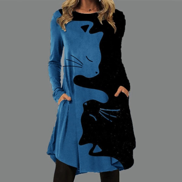 Naisten printed pitkät mekot Swing Hem Midi -mekot Cat Blue 2XL