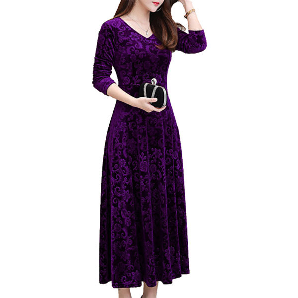 Kvinder Maxikjoler Langærmet V-hals Stor Swing Dress Party Dark Purple XL