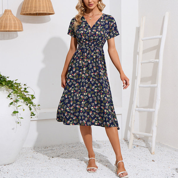 Dame Bohemian Print Midi-kjoler Summer Beach Sundress V-hals Navy Blue M