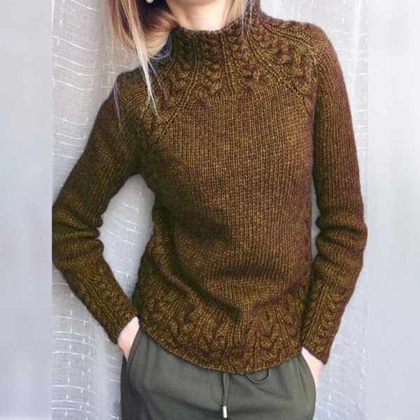 Kvinder langærmet højhalset striktrøjer ensfarvet sweater Khaki M