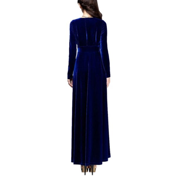 Vinter dame V-udskæring guldfløjl cocktail langærmet kjole Royal blue,S