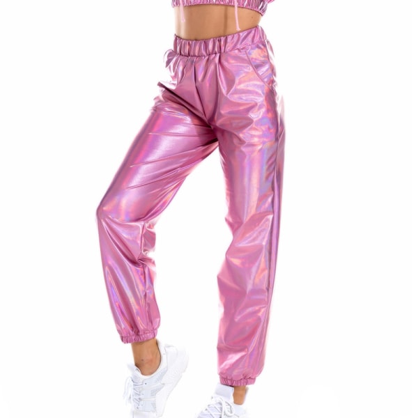 Kvinder High Waist Bukser Metallic Loungewear Shin Bukser Pink 2XL