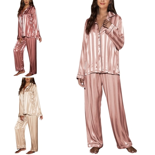 Dame skjorte og bukser Loungewear Stribet Button Down Nattøj Champagne M