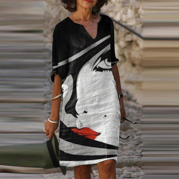 Naisten Abstract Print Dress Shift polvipituinen mekko Face Positioning Flower 3XL