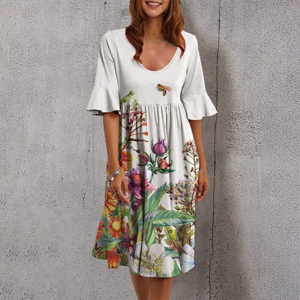 Lady Summer Midi Dress Casual Flowy floral Printing A-linjainen mekko White L