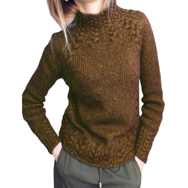 Kvinder langærmet højhalset striktrøjer ensfarvet sweater Khaki M