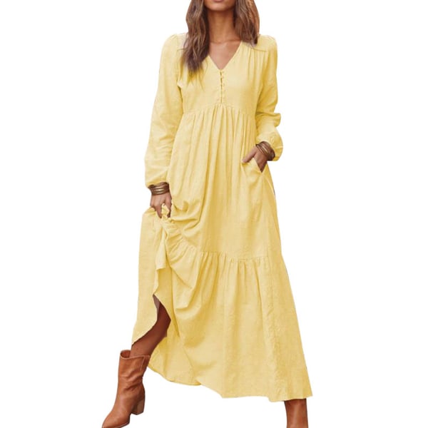 Kvinder afslappet lang nederdel flæsede swing kjole lommeknapper Yellow,3XL