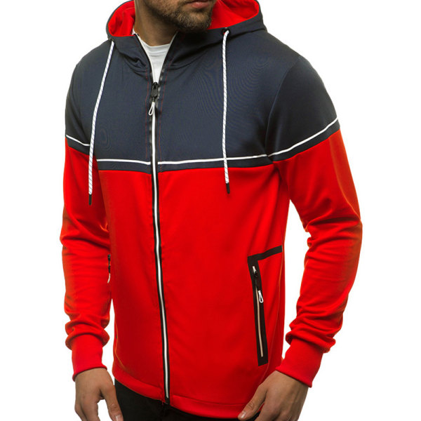 Mænd Farve Matchende Hættejakke Sweater Zip Outwear Overcoat Red 3XL