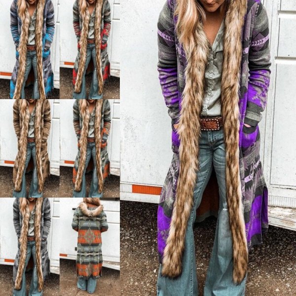Naisten muoti Printed hupullinen villatakki tekoturkista trimmattu pitkä takki Röd XL
