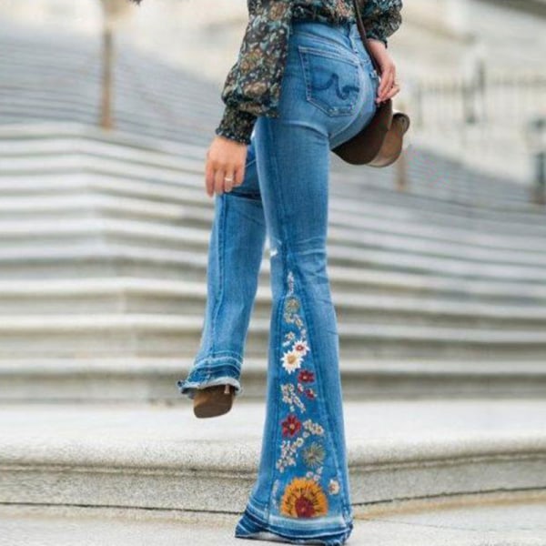 Kvinnor hög midja blommiga Bell-bottom jeans utsvängda vida ben byxor Light Blue,XXL
