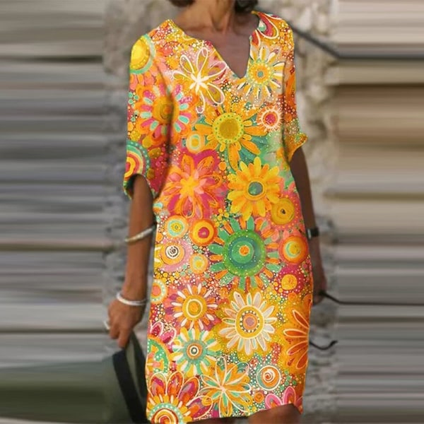 Klänningar med abstrakt print för damer Shift Knälång Klänning Yellow Chrysanthemum XL