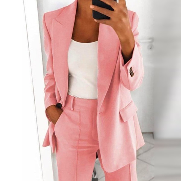 Dame ensfarvet blazer langærmet business jakker Pink 4XL