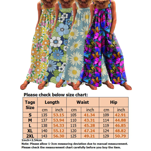 Sommarblommigt print för damer ärmlösa lösa byxor Blue,XL