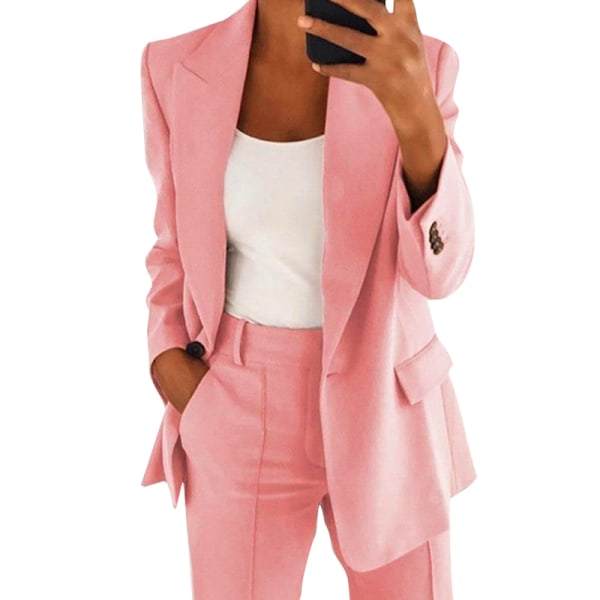 Dame ensfarvet blazer langærmet business jakker Pink 4XL