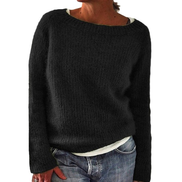 Naisten pitkähihainen pyöreäkauluksinen neulepusero yksivärinen villapaita Black XL