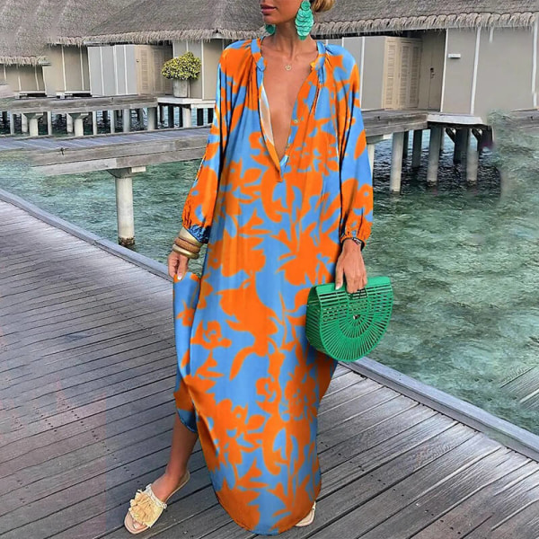Dame V-hals kjole Color Block Maxikjoler Orange XL
