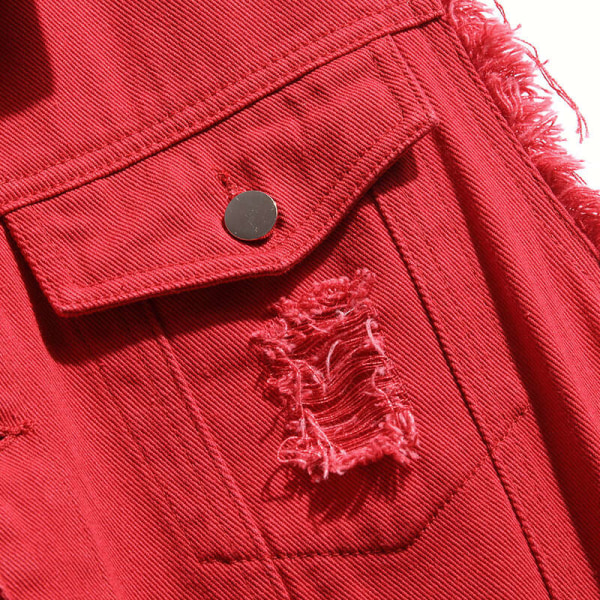 Herrslag med fickor Enfärgad väst tofs jeansjacka Röd M