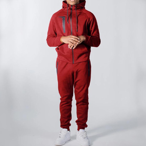 Joggerset med dragkedja för män för män Långärmad Hooded Plain Sweatsuit Röd XL