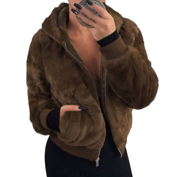 Dame-hættetrøje Fleece-frakke Fluffy, varm hættejakke light brown,5XL