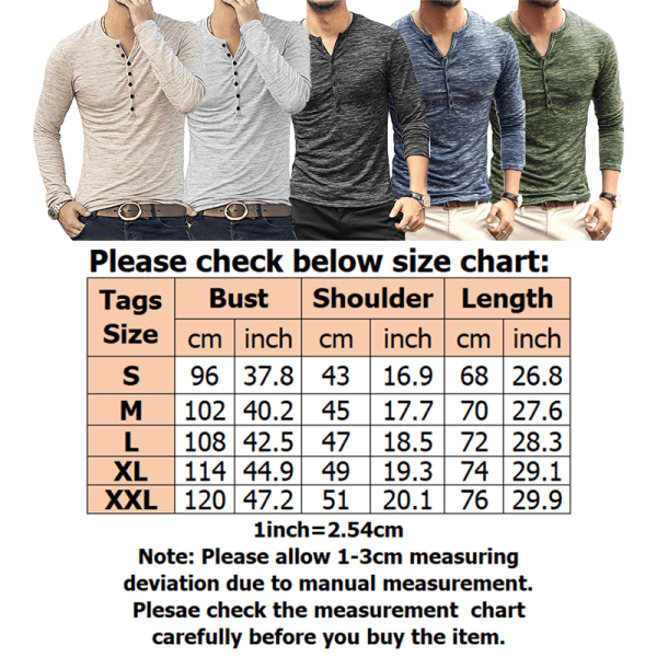 Långärmad tröja för män casual blus Basic skjortaknappar Khaki,XL