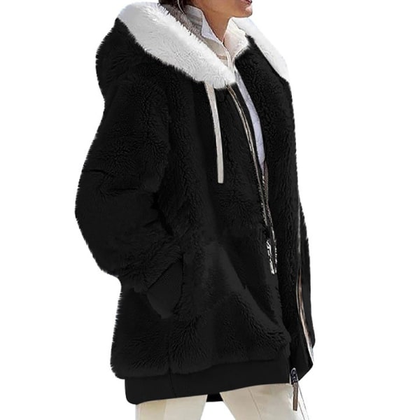 Naisten yksivärinen neuletakki vetoketjullinen Sherpa-takki Black M