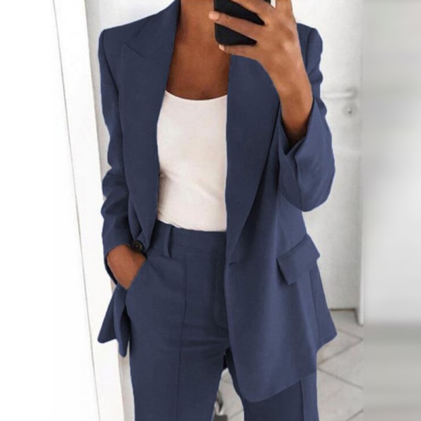Dame ensfarvet blazer langærmet business jakker Navy Blue XL